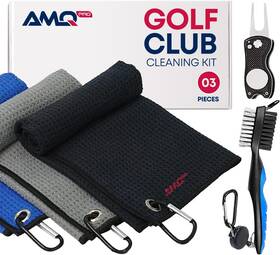 Amqpro 740223011352 Golf Towel Set With Divot Tool And Brush - 16 Inch X Gray Blue Black