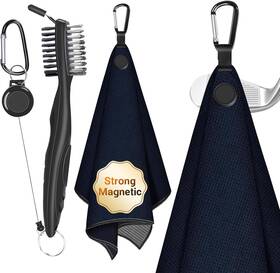 Golftowel-011 Epinovo Magnetic Golf Towel Brush Set - Microfiber Waffle Design With Clip Black