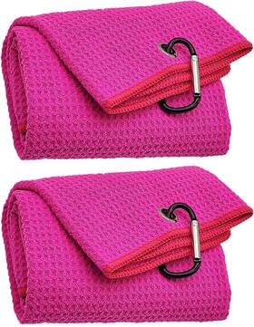 Hy2401pp Glamrce 2 Pack Tri-fold Golf Towel Set Microfiber Fabric Waffle Pattern Pink X2