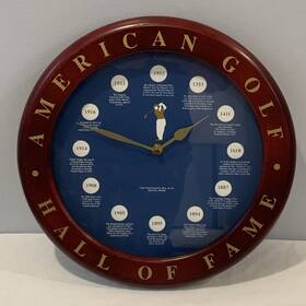 01116 Handstands American Golf Hall Of Fame 9 Inch Round Wall Clock Hand Finished Cherry Wood Quartz