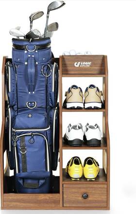 Ay566-b Logicxplore Premium Wooden Golf Bag Organizer And Storage Rack - Brown With Shelves Drawer