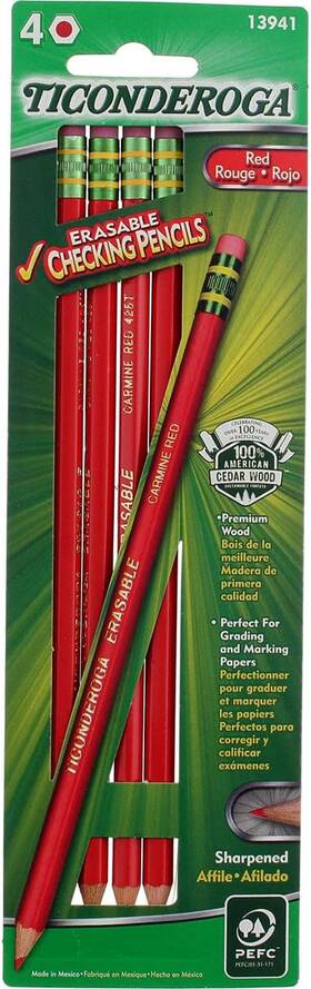 5456 Ticonderoga Erasable Checking Pencils Eraser 4 Count Pack Of 1 Red