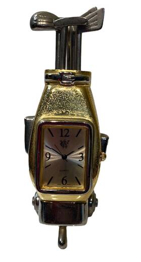 0003421 Waterbury Brass Golf Desk Clock Quartz Bag Clubs Golfing Gift Miniature