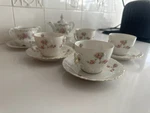 Bone China Coffee Cups, Teapot, Sugar, Moritz Zdekauer Porcelain, Austrian. Fixed Price $95.00.
