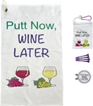 Par 3, Includes Microfiber Golf Towel, Tee 15" X 24", Putt Now Wine Later. Fixed Price $32.50.