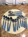Set Of 15 Lifetime Flatware Light Blue Made Korea Riveted. Fixed Price $25.00.