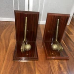 Vintage Mahogany & Brass Golf Club With Ball Bookends Set Deco Wood 8"X6". Fixed Price $28.00.