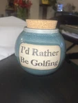 Golf Ceramic Pottery Jar With Cork Lid. Fixed Price $20.00.